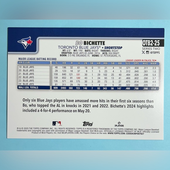 2025 Topps Bo Bichette Jumbo Blue Jays Baseball Card 5.75 x 8 inches Box Topper - Picture 2 of 2